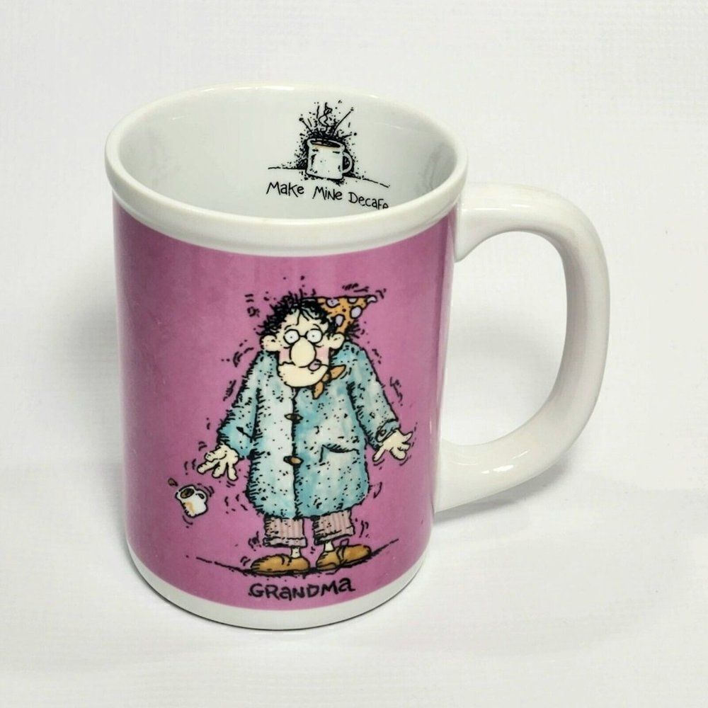 Vtg ENESCO 16 oz. Make Mine Decafe 1986 Grandma Multi-Colored Coffee Cup Mug